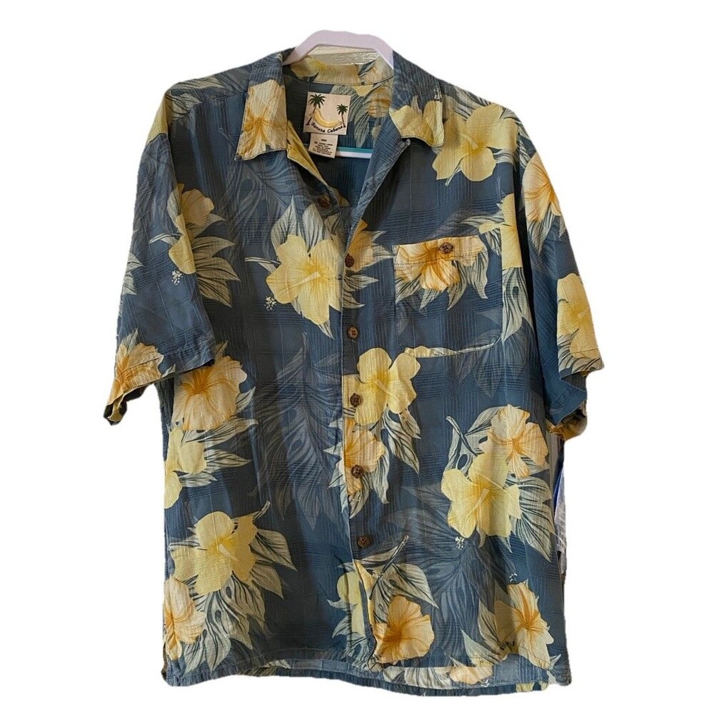 Banana Cabana Shirt Mens XL 100% Silk Button Down Hawaiian Yellow Blue Tropical